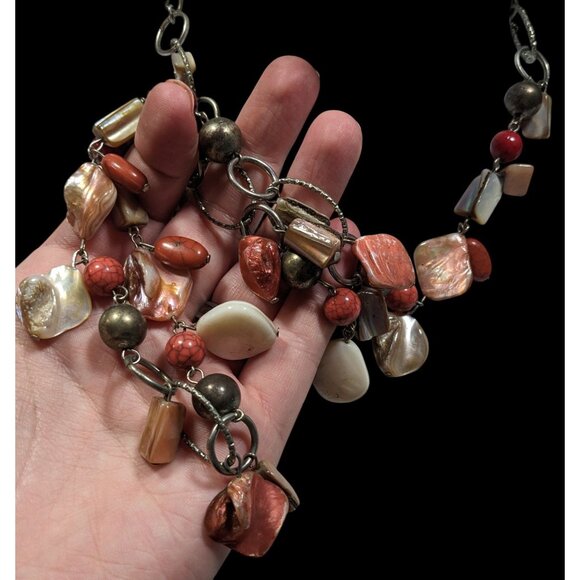 Vintage Mermaidcore Metal, Stone, And Pink Shell Chip Beaded Necklace - Picture 6 of 7